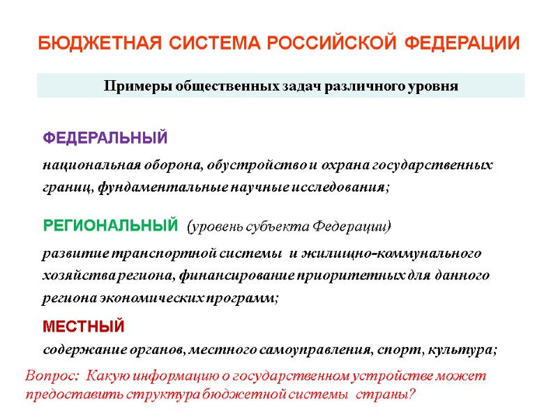 национальная оборона, обустройство и охрана государственных границ, фундаментальные научные исследования; БЮДЖЕТНАЯ СИСТЕМА РОССИЙСКОЙ ФЕДЕРАЦИИ